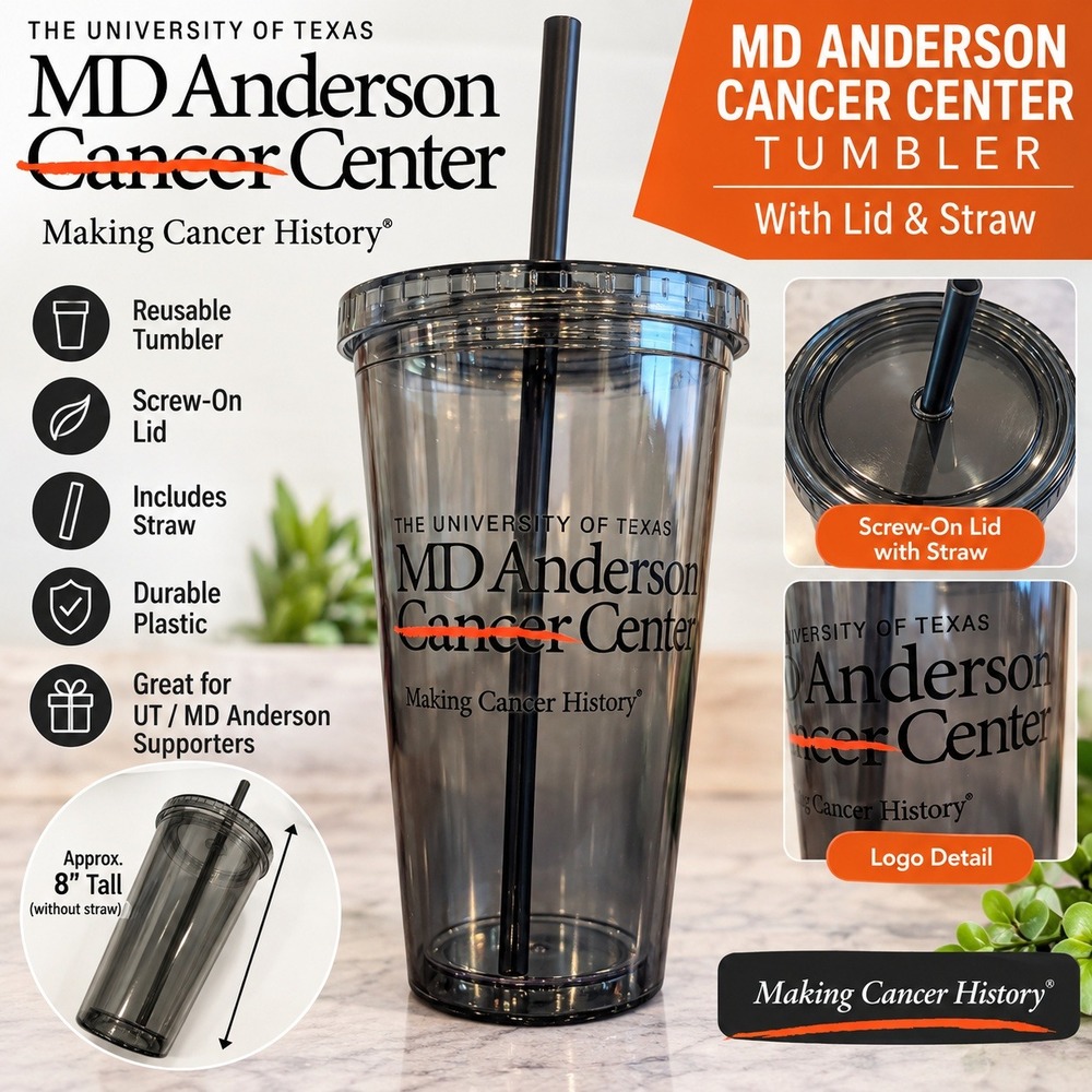 MD Anderson Cancer Center Reusable Tumbler with Lid and Straw Smoke Grey Plastic